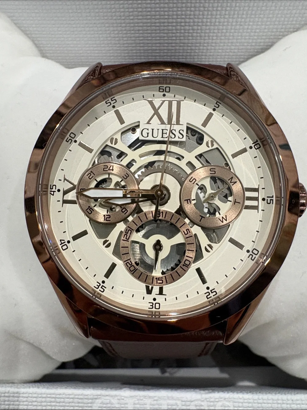 NWT GUESS Men’s Brown Leather Skeleton Dial Watch